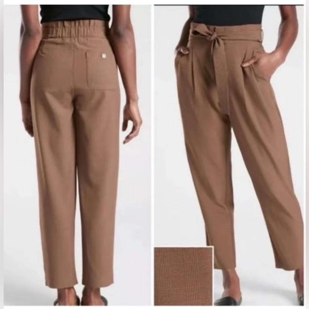 Athleta Skyline Pant Paperbag Waist Belted Pants SZ 8 athleisure brown plaid - Picture 3 of 14